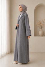 Grey Floral Embroidered Lapel Abaya - Image 3