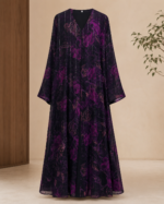 Violet Floral Chiffon Metallic-Striped Abaya - Image 4