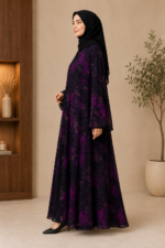 Violet Floral Chiffon Metallic-Striped Abaya - Image 3