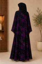Violet Floral Chiffon Metallic-Striped Abaya - Image 2
