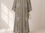 Sage Green Botanical Embroidered Linen-Look Abaya - Image 2