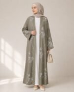 Sage Green Botanical Embroidered Linen-Look Abaya