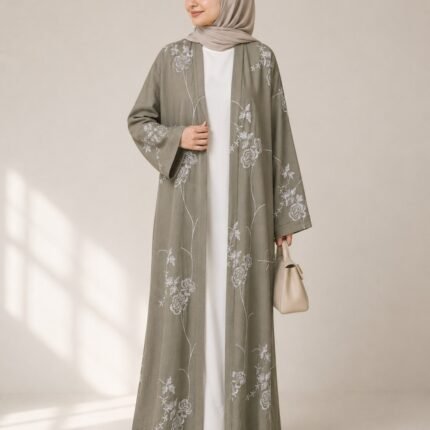 Sage Green Botanical Embroidered Linen-Look Abaya