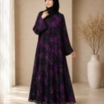 Violet Floral Chiffon Metallic-Striped Abaya
