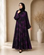 Violet Floral Chiffon Metallic-Striped Abaya