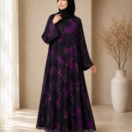 Violet Floral Chiffon Metallic-Striped Abaya