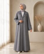 Grey Floral Embroidered Lapel Abaya